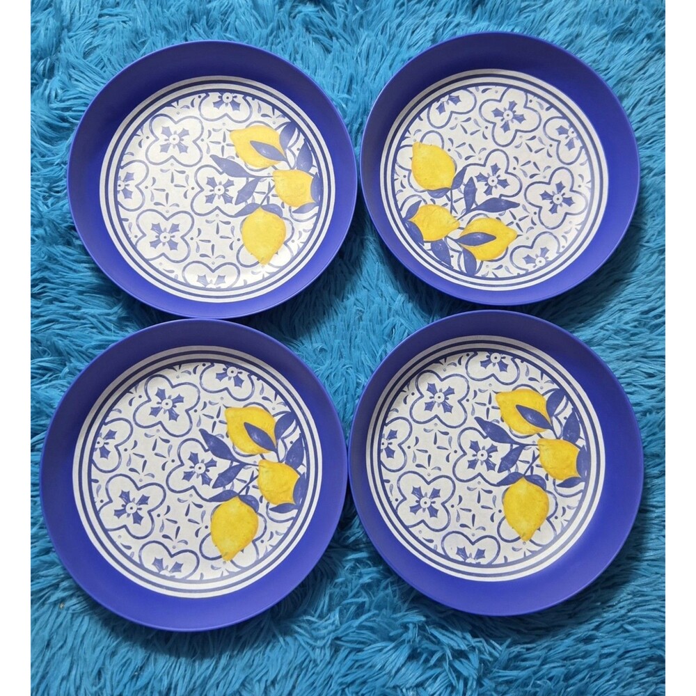 True Living  Lot Of 4 Lemon Melamine 8" Pasta Bowl Bundle With Blue Geometric